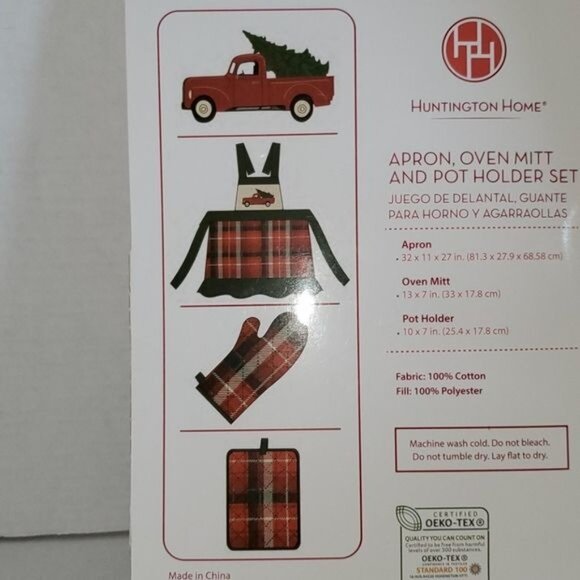Apron Pot Holder Oven Mitt Red Truck Plaid Holiday Cooking Baking CHRISTMAS - Picture 5 of 5